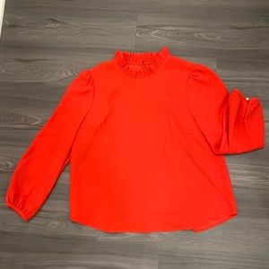 NWT J. Crew 365 Crepe Long-Sleeve Ruffle-Neck Top in Bright Cerise (Size L)